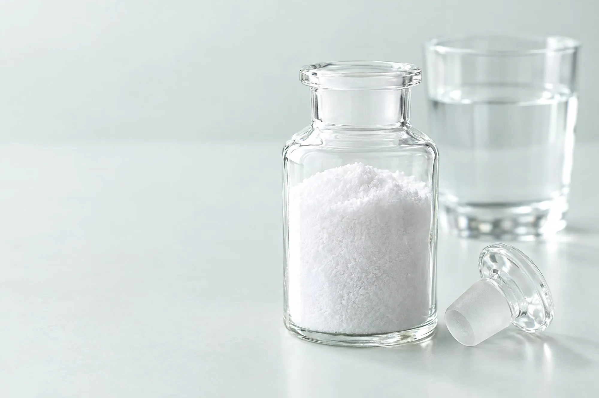 White citicoline sodium powder in a glass weighing bottle with a glass of water behind