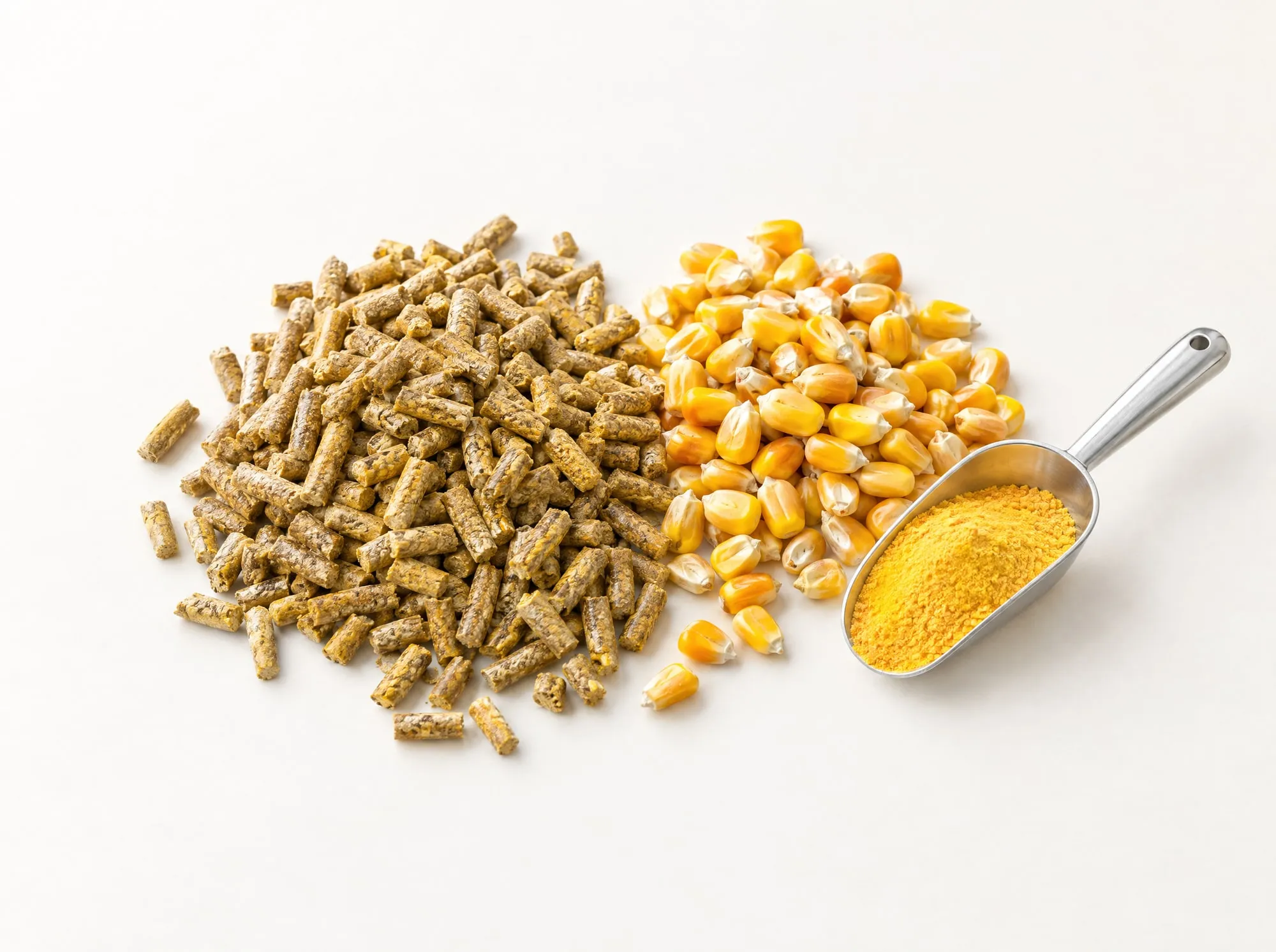 Feed pellets and corn kernels beside a steel scoop of yellow-orange vitamin premix