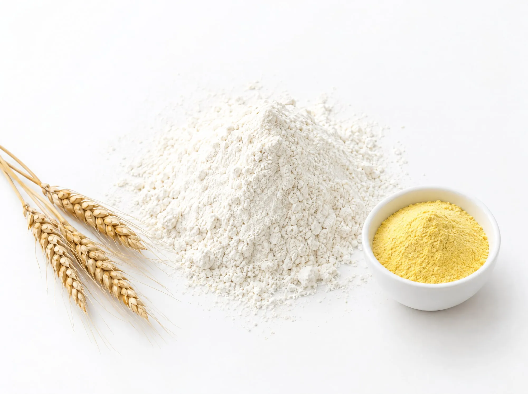 A heap of white flour beside a bowl of yellow vitamin premix and ears of wheat