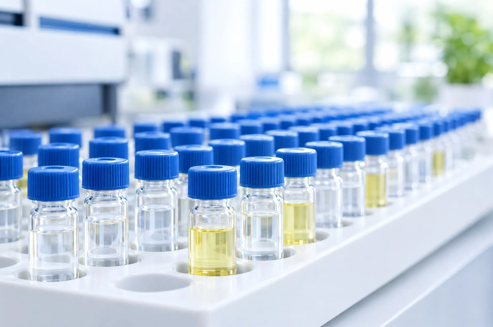 Rows of glass autosampler vials with blue caps in a laboratory tray