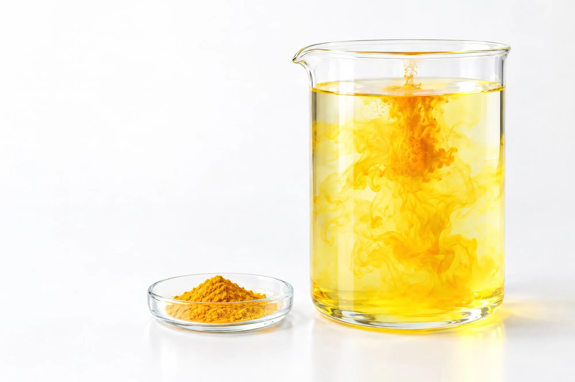 Yellow-orange powder dissolving in a glass beaker of water, colouring it bright yellow