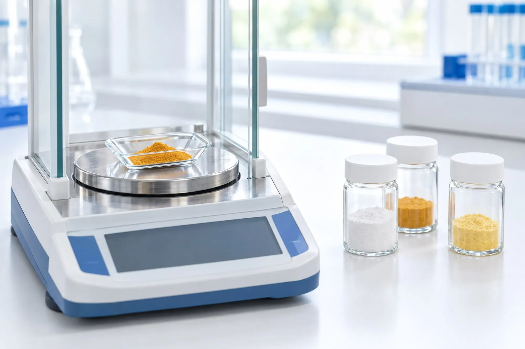 An analytical balance holding orange-yellow powder beside three small sample jars