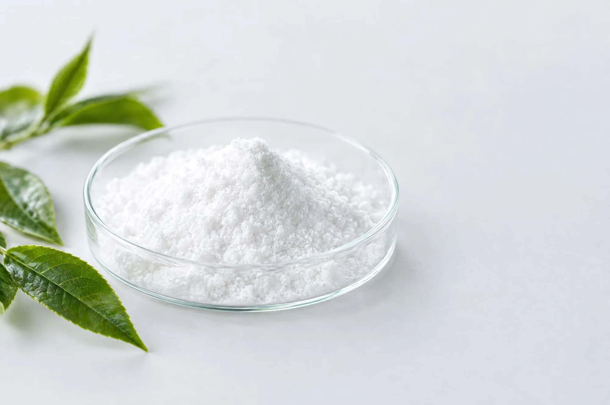 White crystalline L-theanine powder in a glass dish with fresh green tea leaves